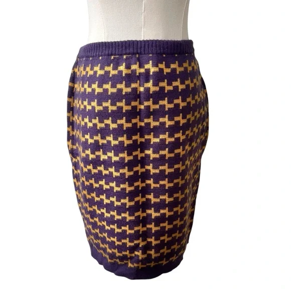 Vintage abstract knit purple and mustard yellow midi pencil skirt 44 - Picture 3 of 13